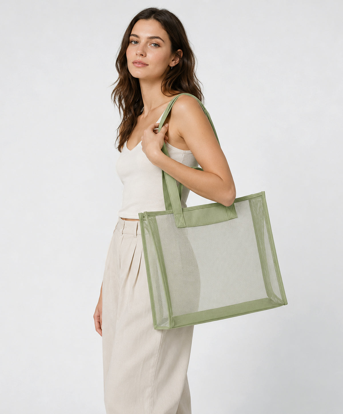 Sage Green Dual-Handle Mesh Tote Bag