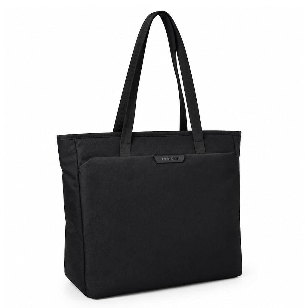Three-quarter view of the black organizer tote with long shoulder handles.