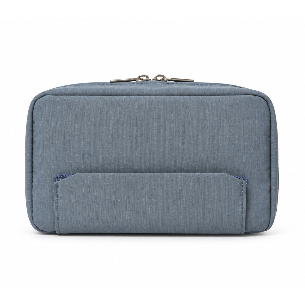 Rear view of the blue-gray tech pouch with its folded phone-support flap.