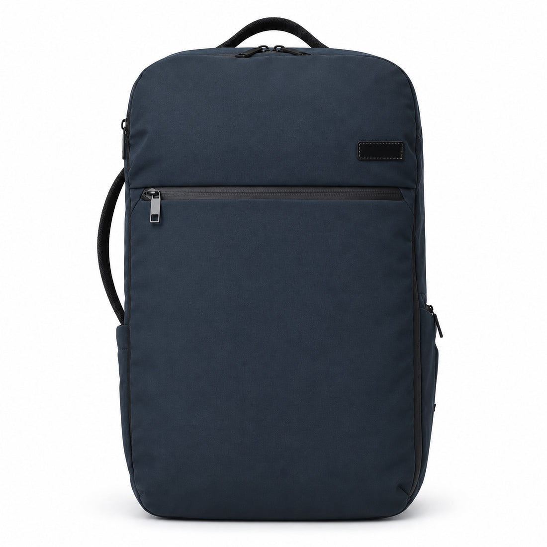Front view of the navy travel backpack with a horizontal front zipper and blank stitched patch.