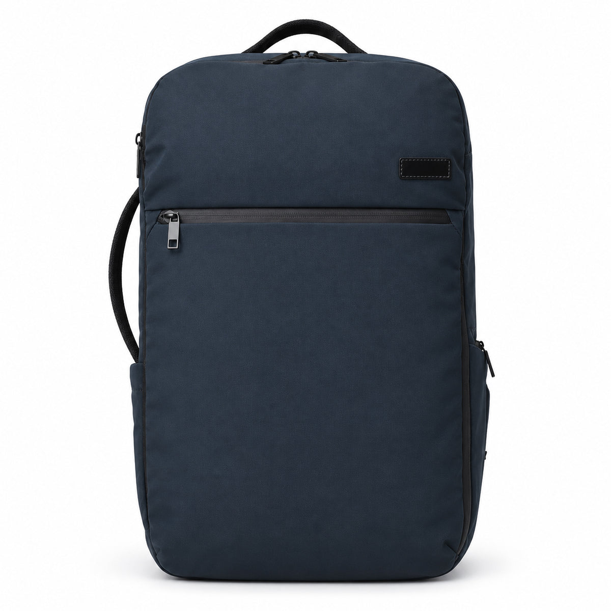 Front view of the navy travel backpack with a horizontal front zipper and blank stitched patch.