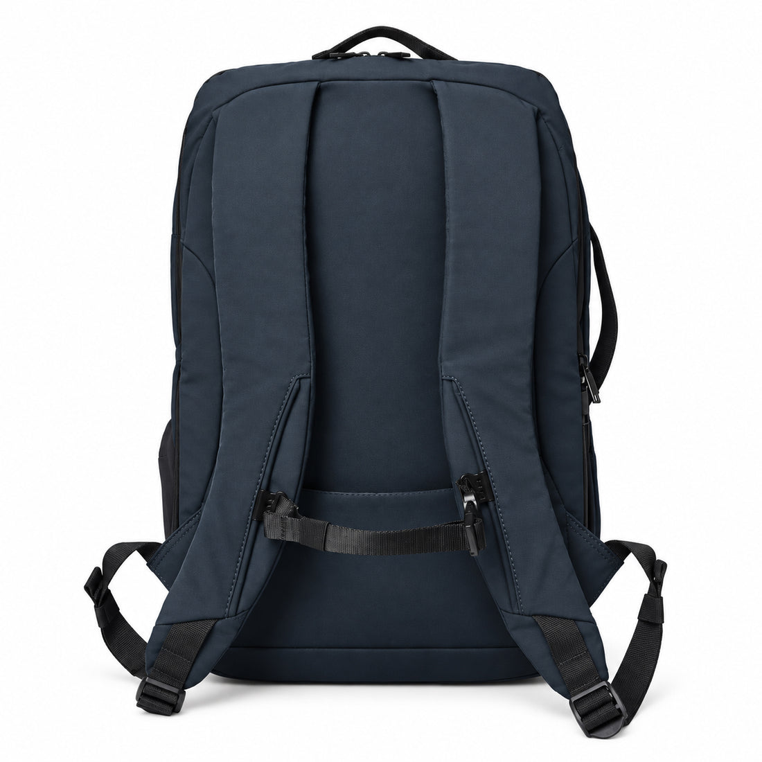 Front view of the navy travel backpack with a horizontal front zipper and blank stitched patch.