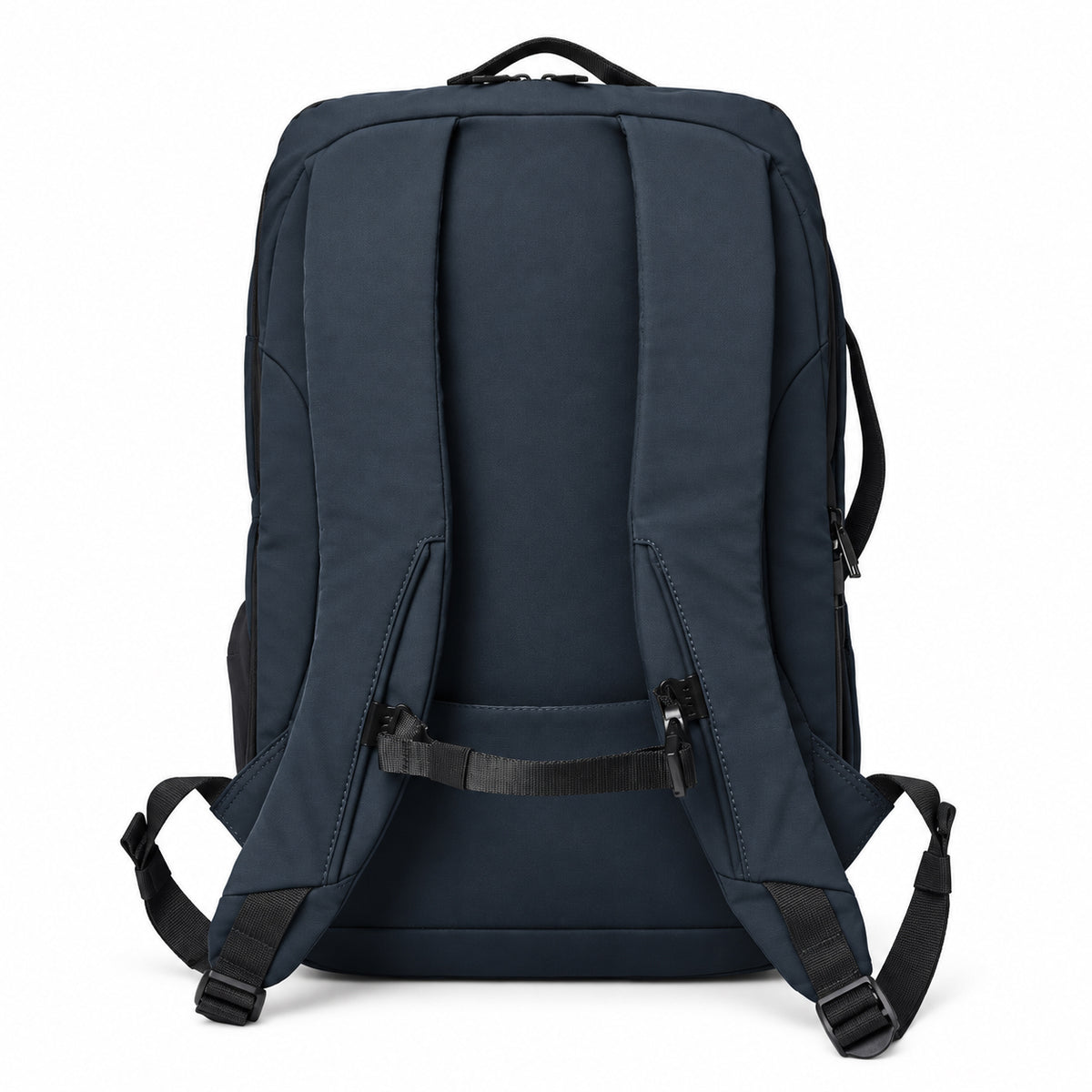 Rear view of the navy backpack showing padded shoulder straps and chest strap.