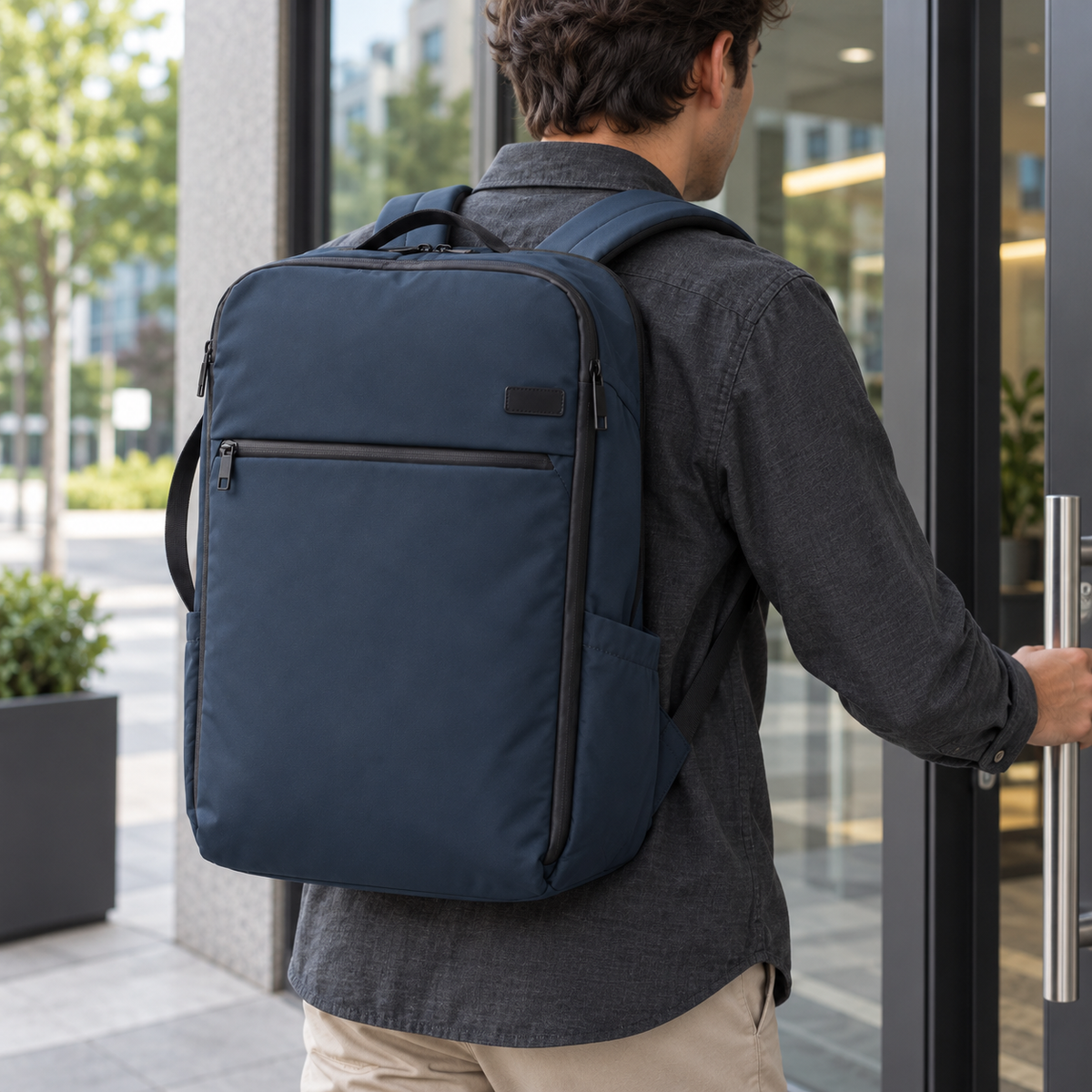 Navy travel backpack worn by a commuter entering an office.