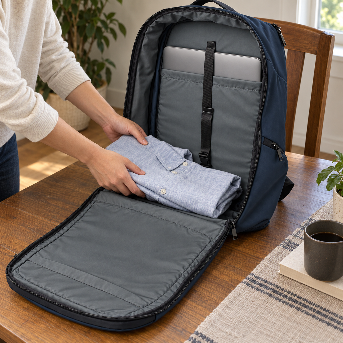 Open navy travel backpack being packed with a folded shirt and a laptop in its existing sleeve.