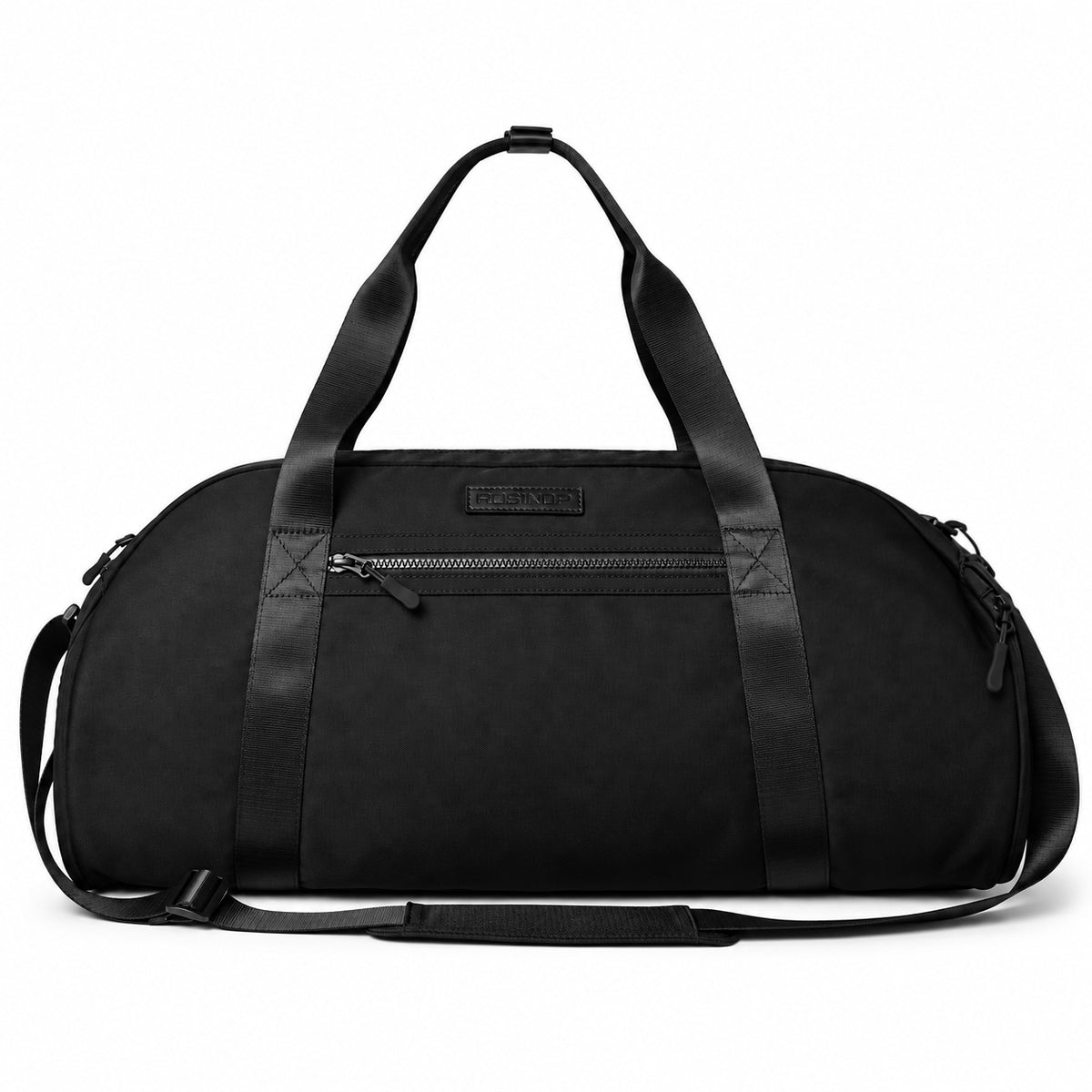 Black ROSINOP gym duffel with top handles and shoulder strap, front view.