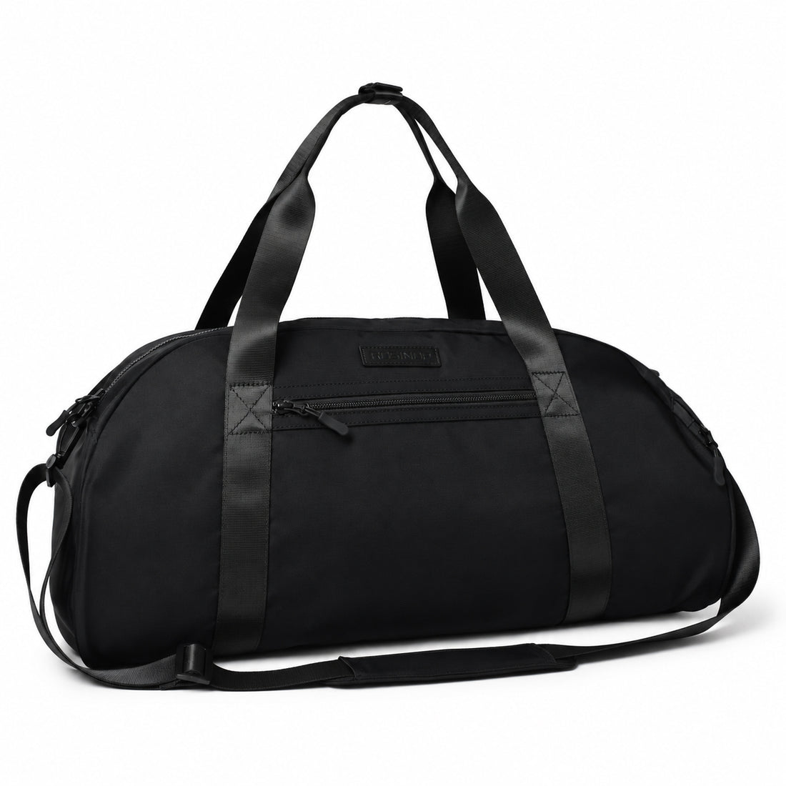 Black ROSINOP gym duffel with top handles and shoulder strap, front view.