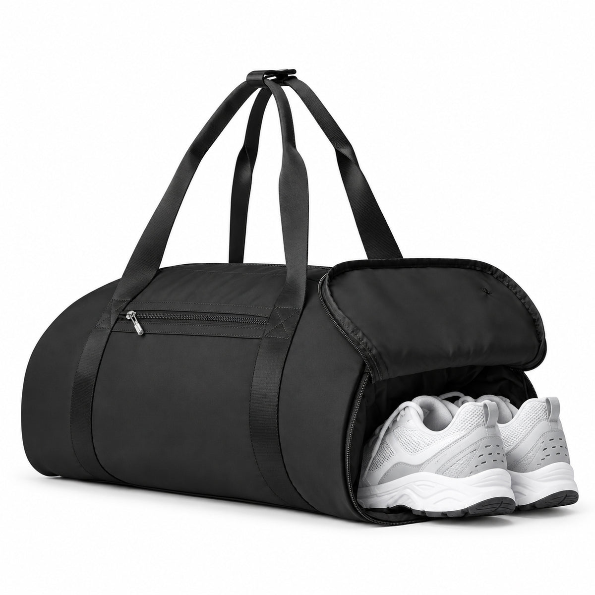 ROSINOP gym duffel with the side shoe compartment open.