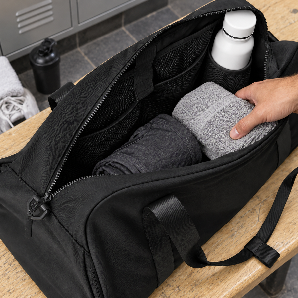 Open ROSINOP gym duffel being packed with a training shirt, towel and bottle.