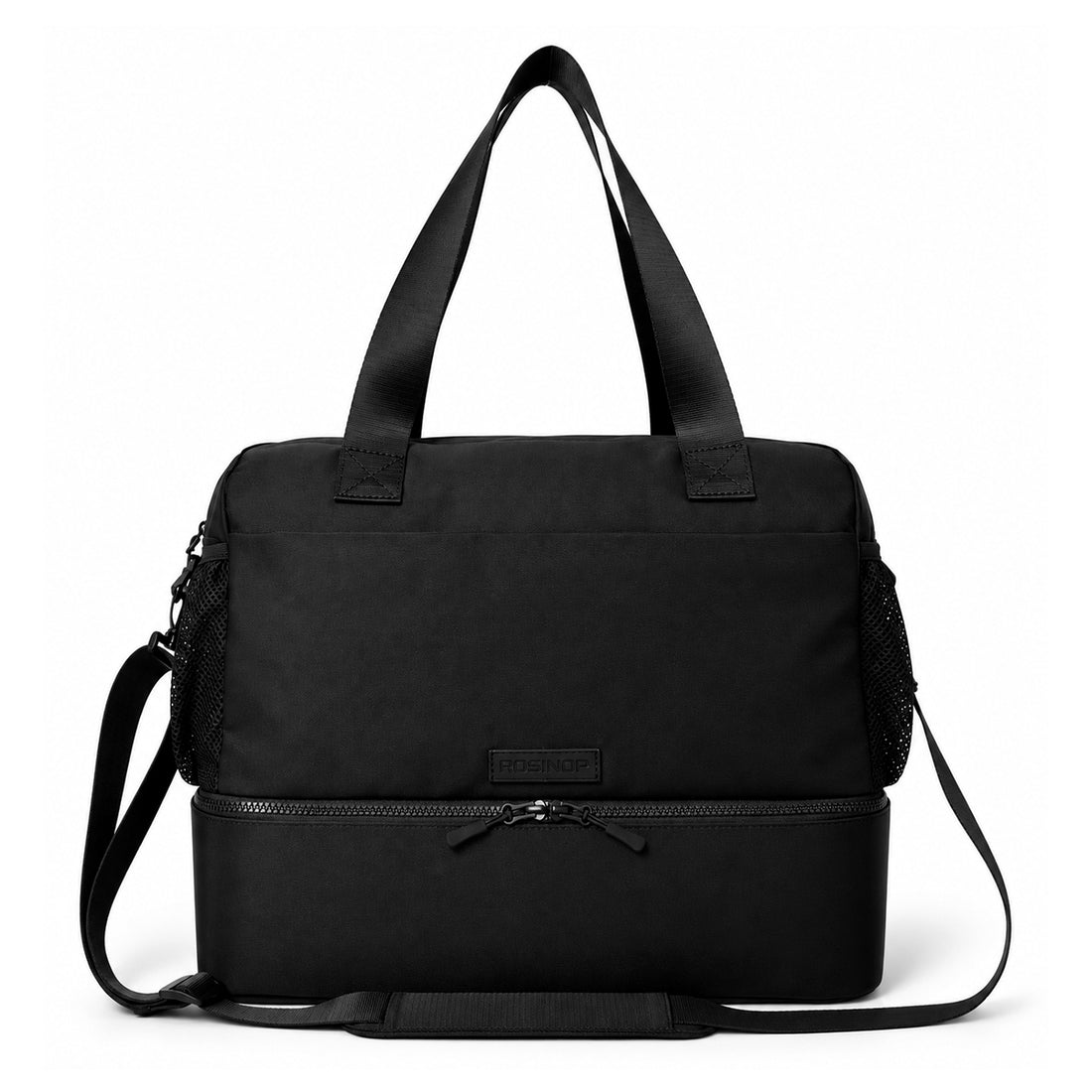 Black ROSINOP travel tote with top handles and shoulder strap, front view.