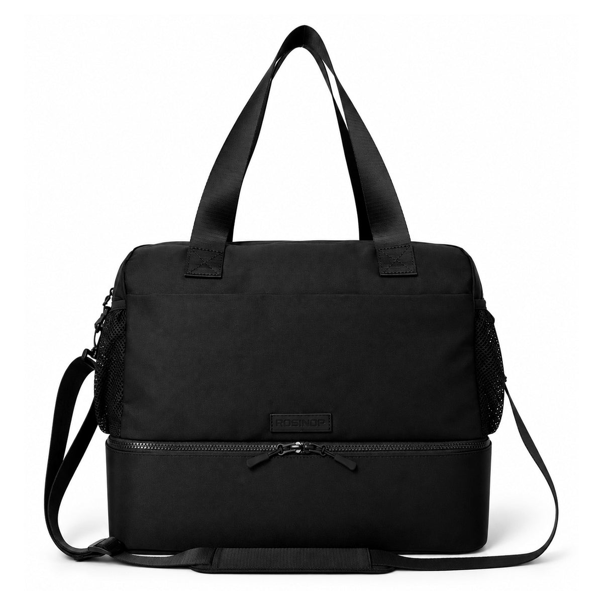 Black ROSINOP travel tote with top handles and shoulder strap, front view.