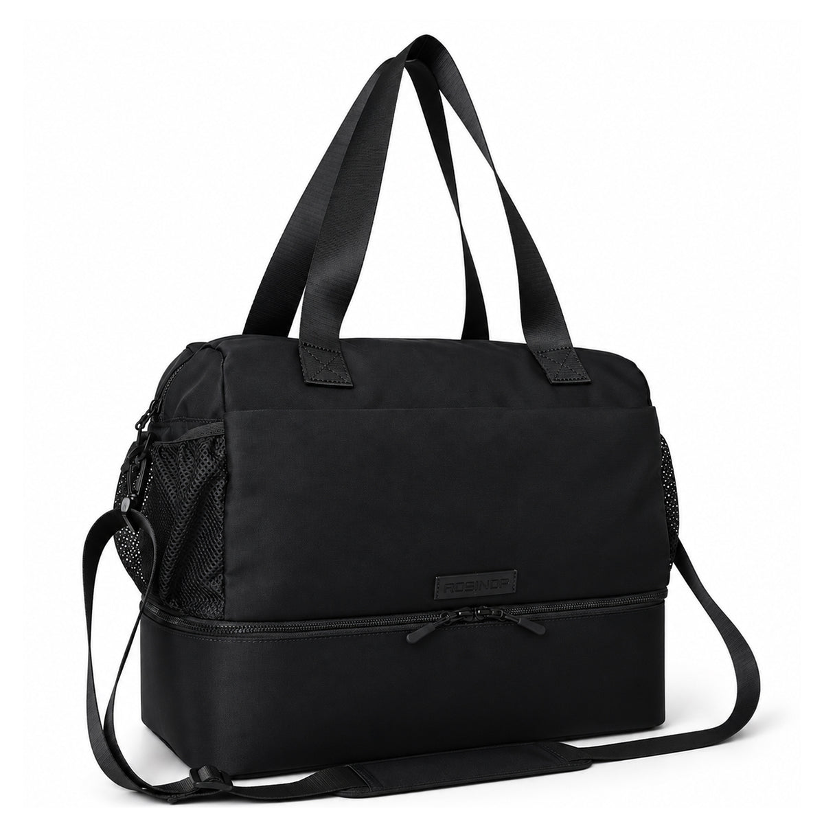 Black ROSINOP travel tote showing side mesh pockets, three-quarter view.