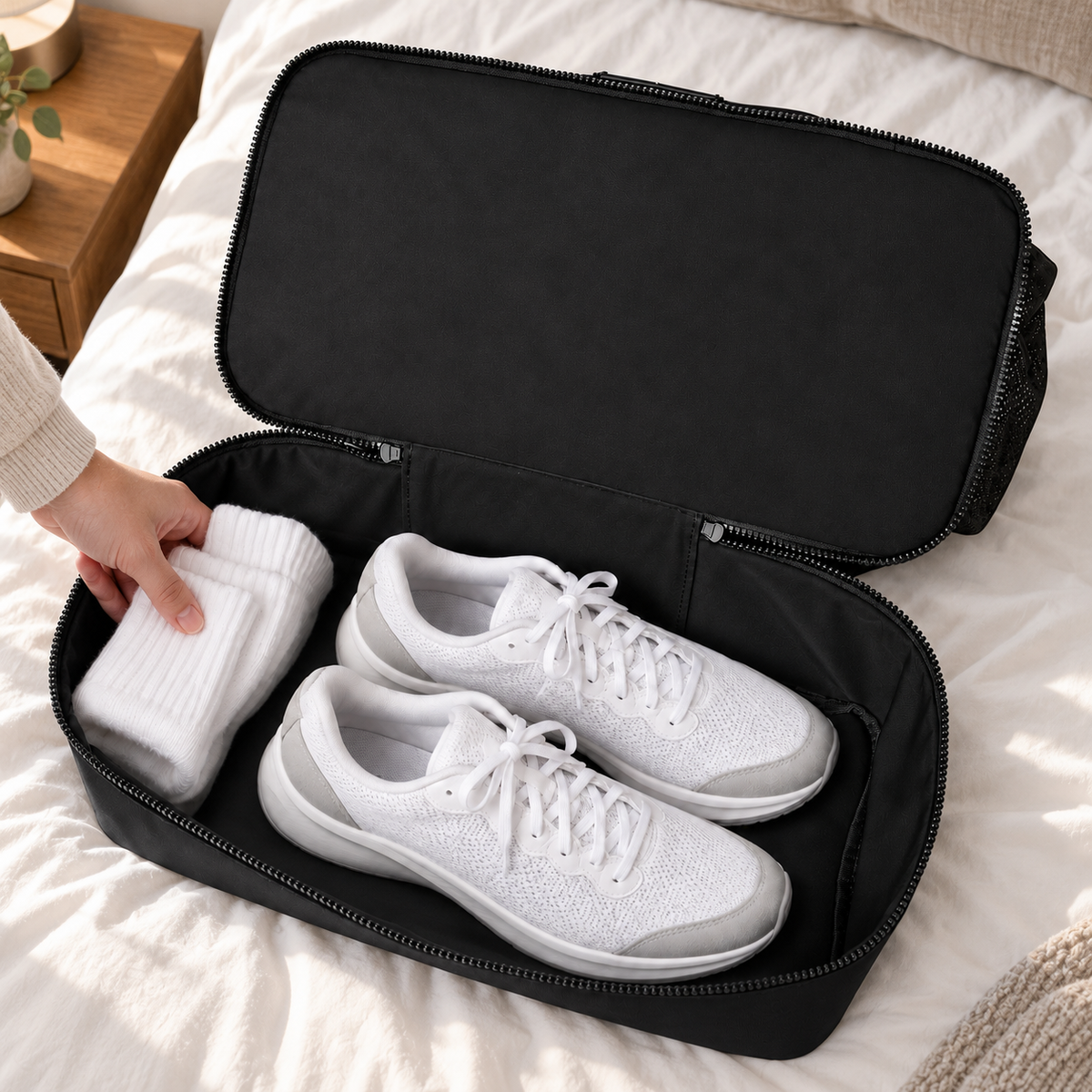 ROSINOP travel tote bottom compartment being packed with white trainers and socks.