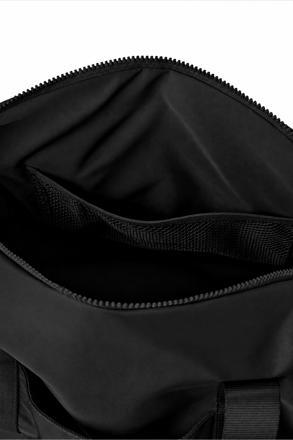 Open upper main compartment of the black ROSINOP travel tote showing the lining and mesh organizer pockets.
