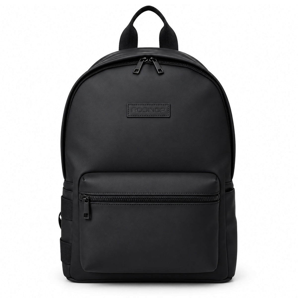 Front view of the black ROSINOP backpack with a round top and front zip pocket.