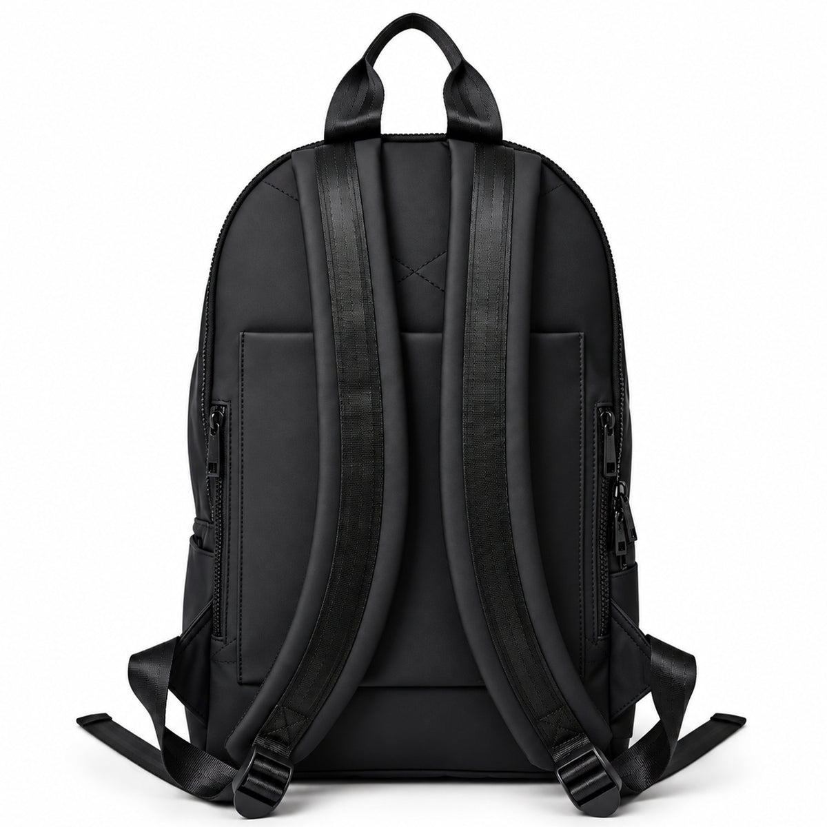 Rear view of the black backpack showing padded shoulder straps and rear panel.