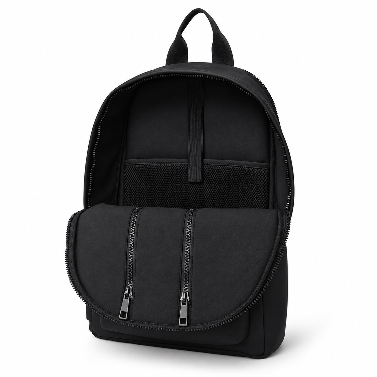 Open black backpack showing its inner sleeve, mesh section and retaining strap.