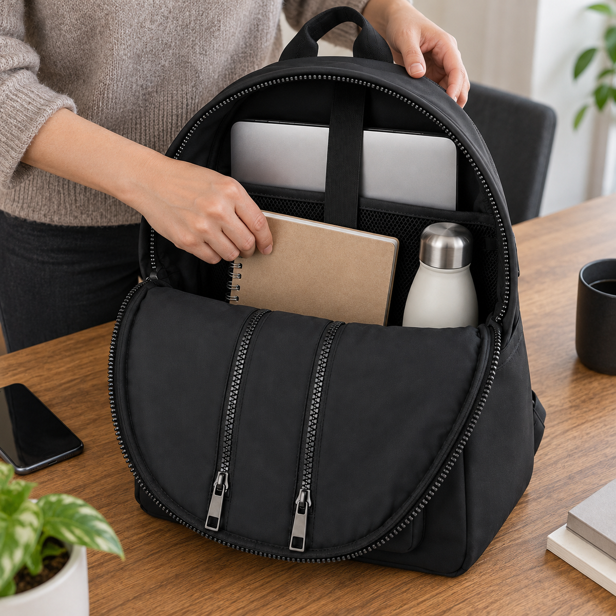 Open black backpack being packed with a notebook, a bottle and a laptop in its existing internal storage.
