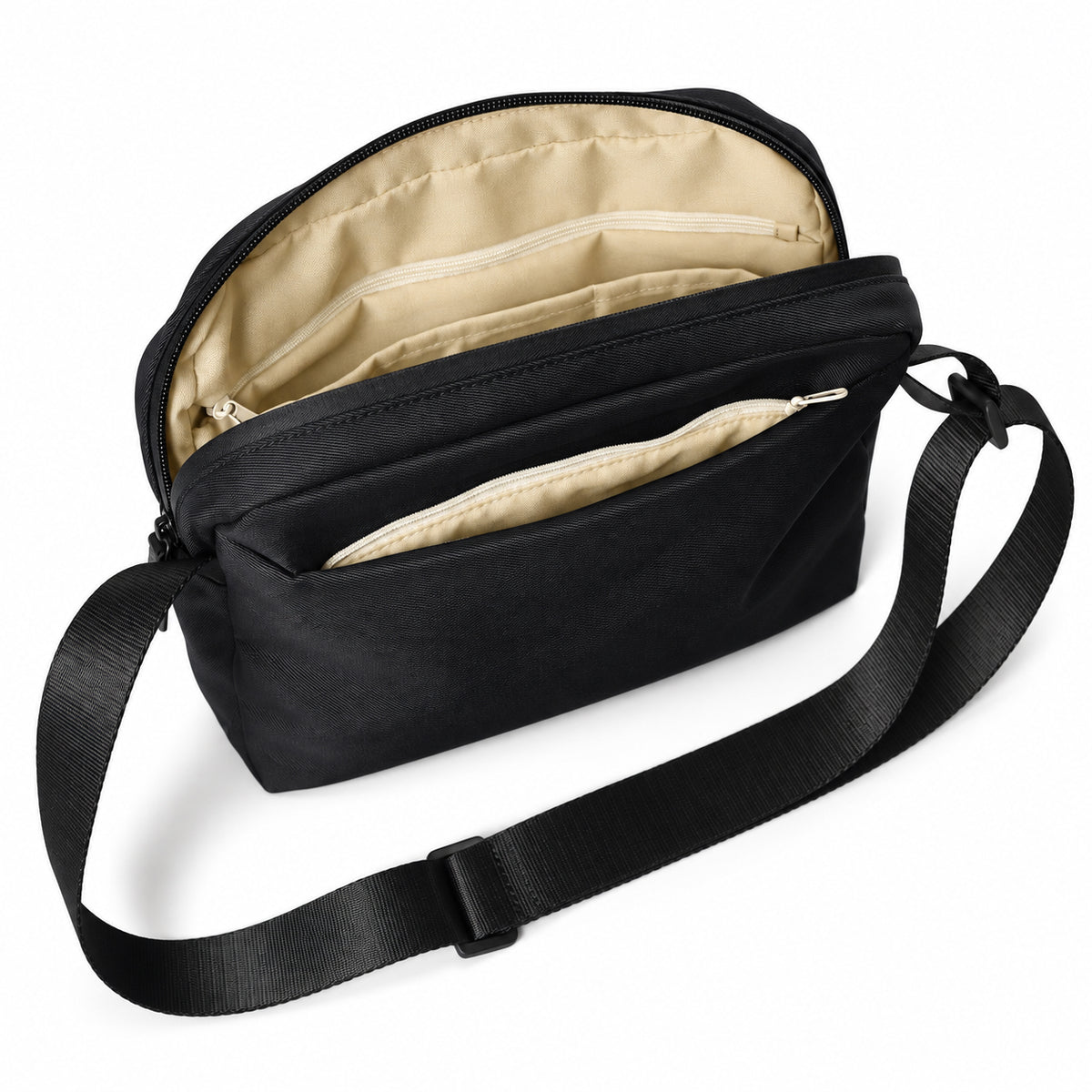 Open main compartment showing beige lining and organizer pockets.