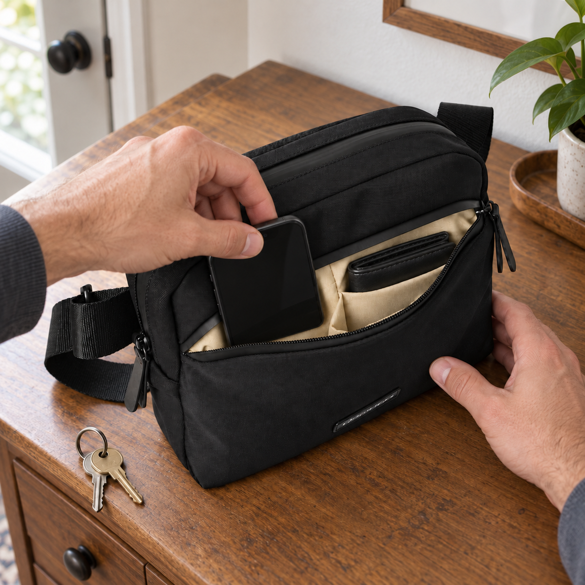 Phone and wallet being placed in the crossbody bag at home.