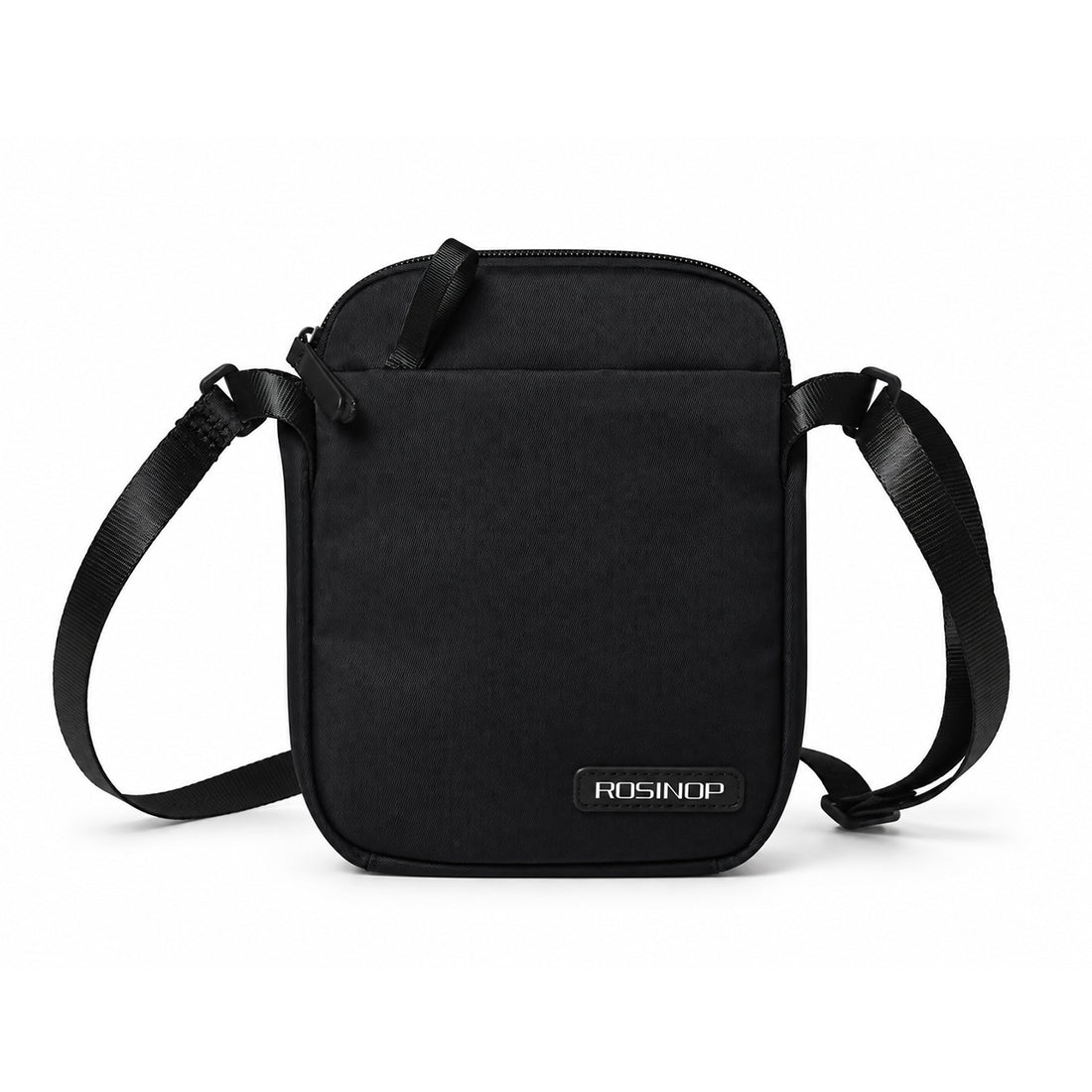 Black ROSINOP compact crossbody bag, front view.