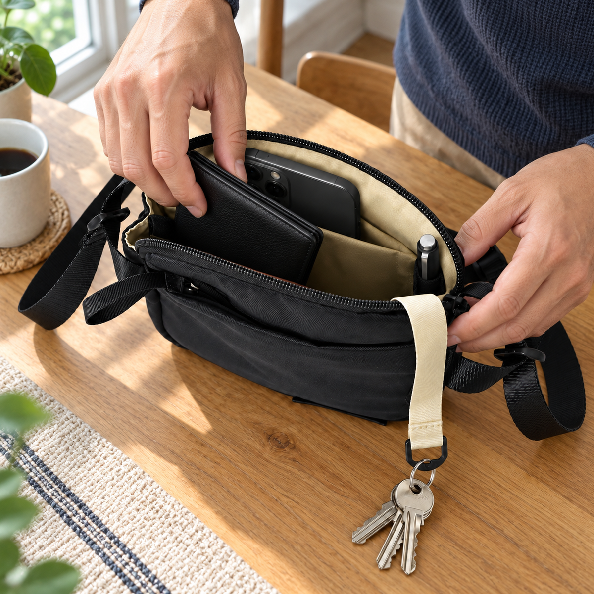 Phone, wallet and keys arranged in the compact crossbody bag.