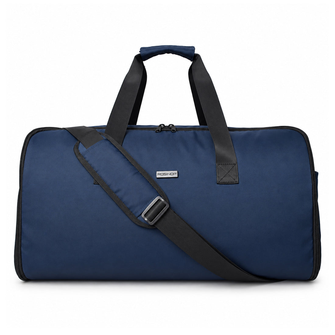 Navy blue ROSINOP garment travel duffel with carry handles and shoulder strap, front view.