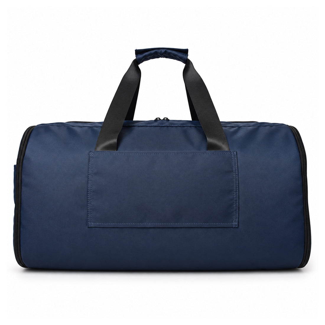 Navy blue ROSINOP garment travel duffel with carry handles and shoulder strap, front view.