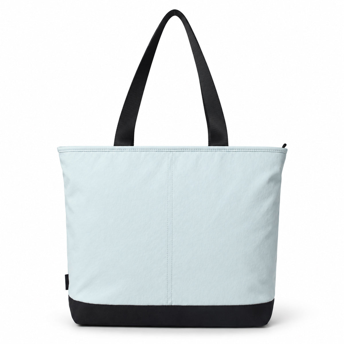 Front view of the light blue zip-top picnic tote.