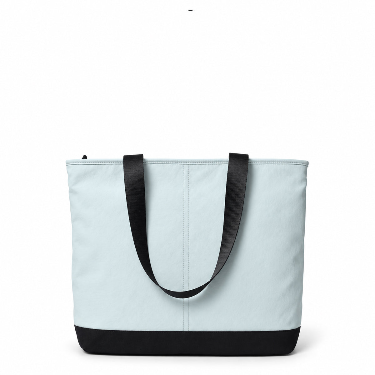 Light blue tote with long black carry handles resting down the side.