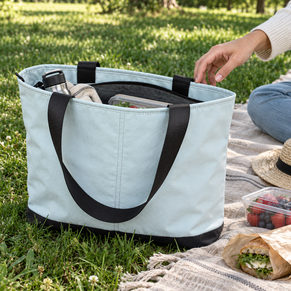 Light blue picnic tote resting on grass beside a picnic blanket.