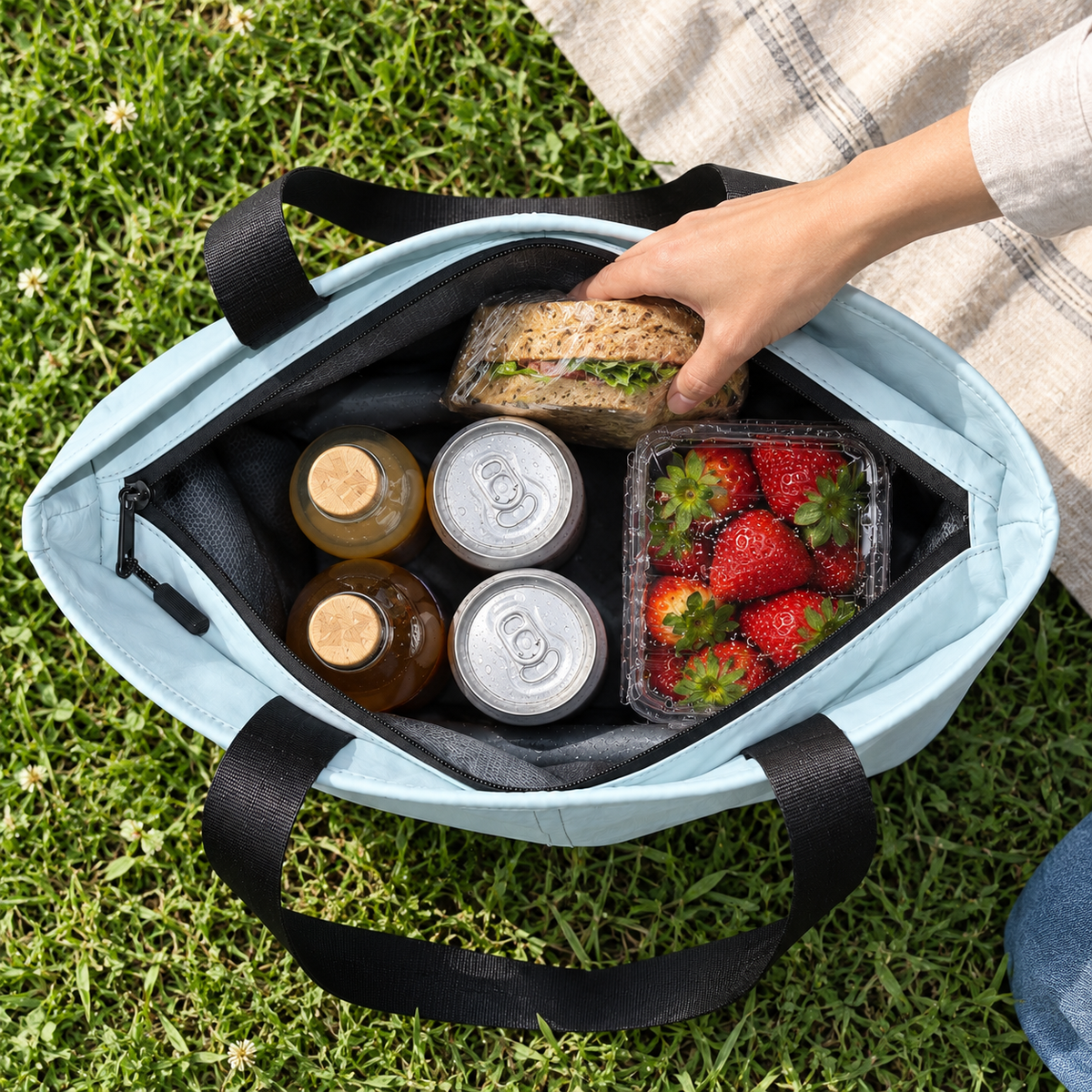 Top-down view of the open light blue tote packed with drinks, strawberries and a sandwich.