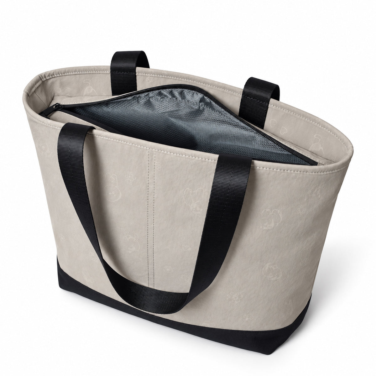 Open gray tote showing the dark textured lining and zip-top construction.