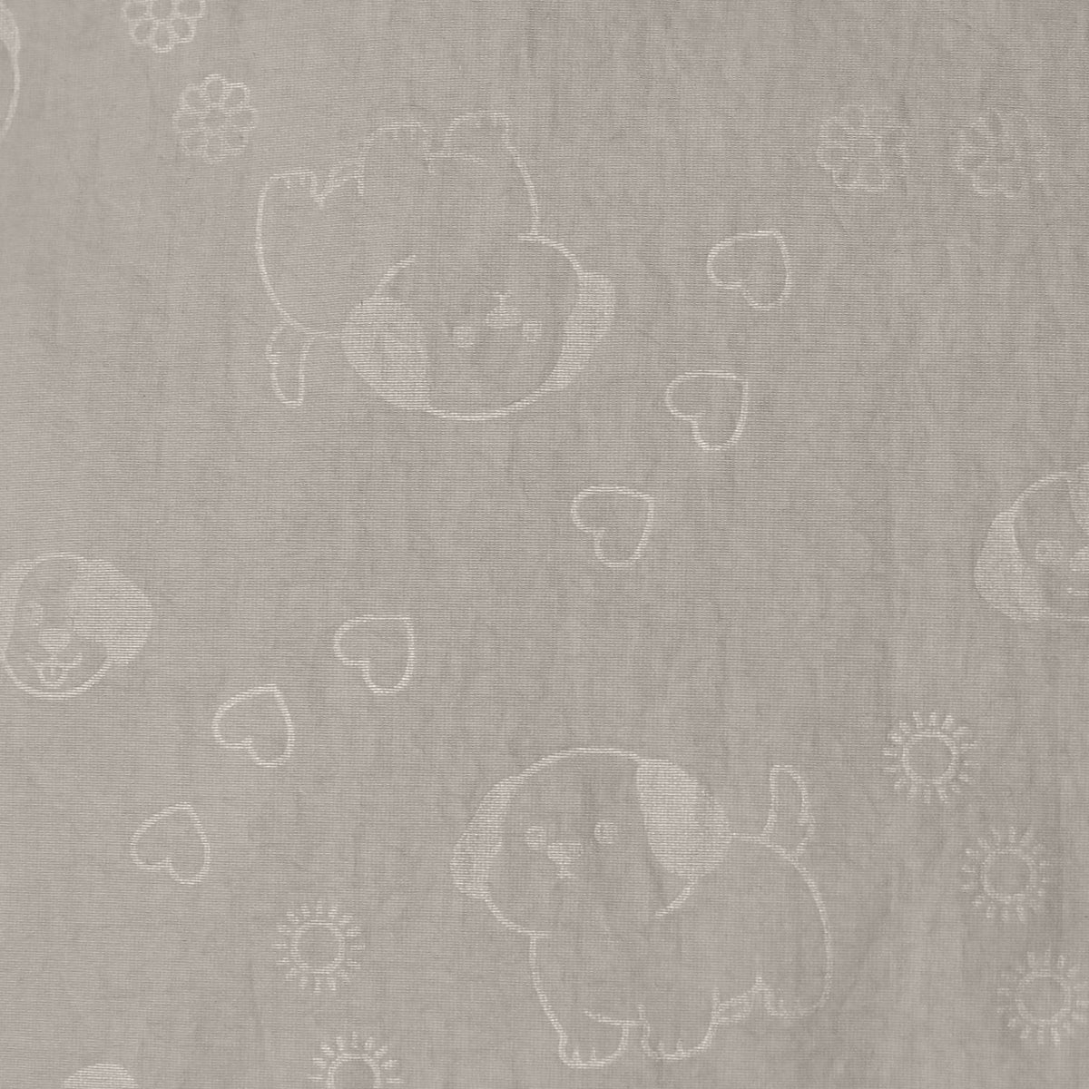 Subtle fish, heart and flower print on the gray tote fabric.