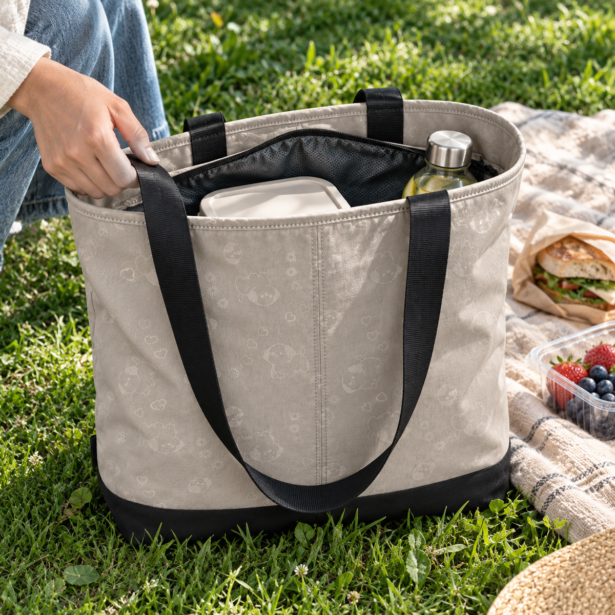 Gray picnic tote resting on grass beside a picnic blanket.