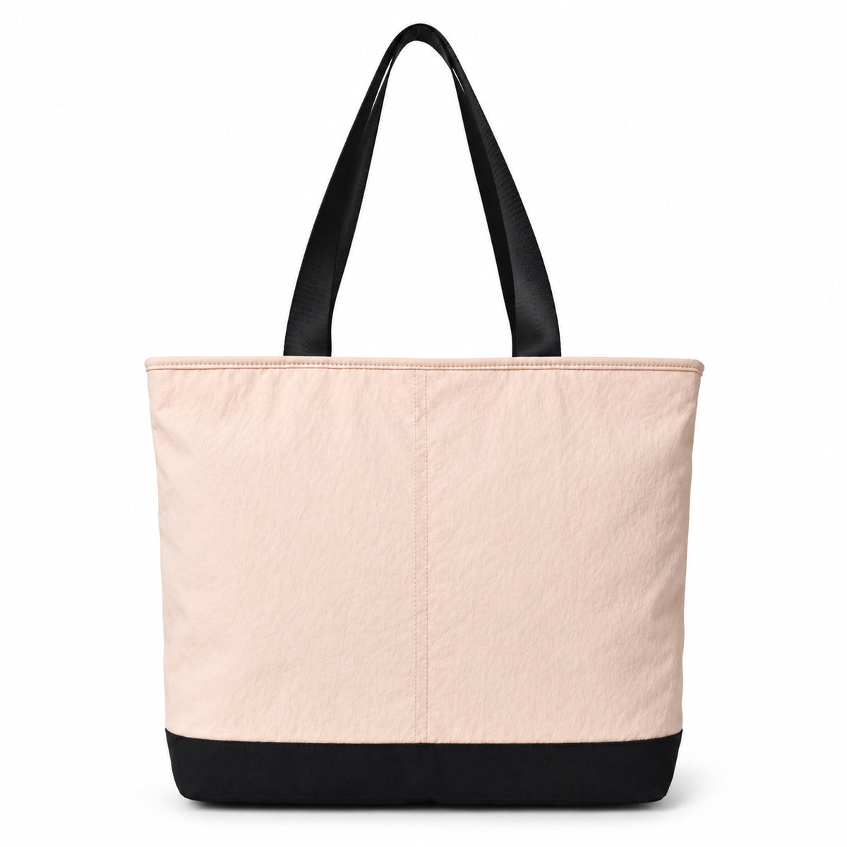 Front view of the blush pink picnic tote with black base and handles.