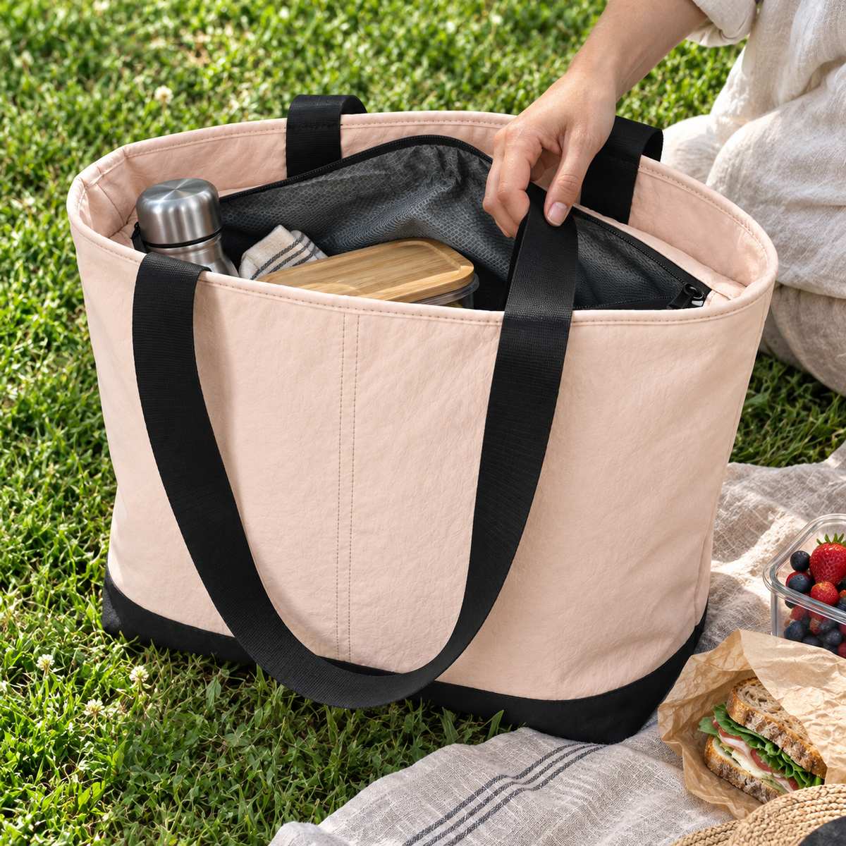 Blush pink picnic tote resting on grass beside a picnic blanket.