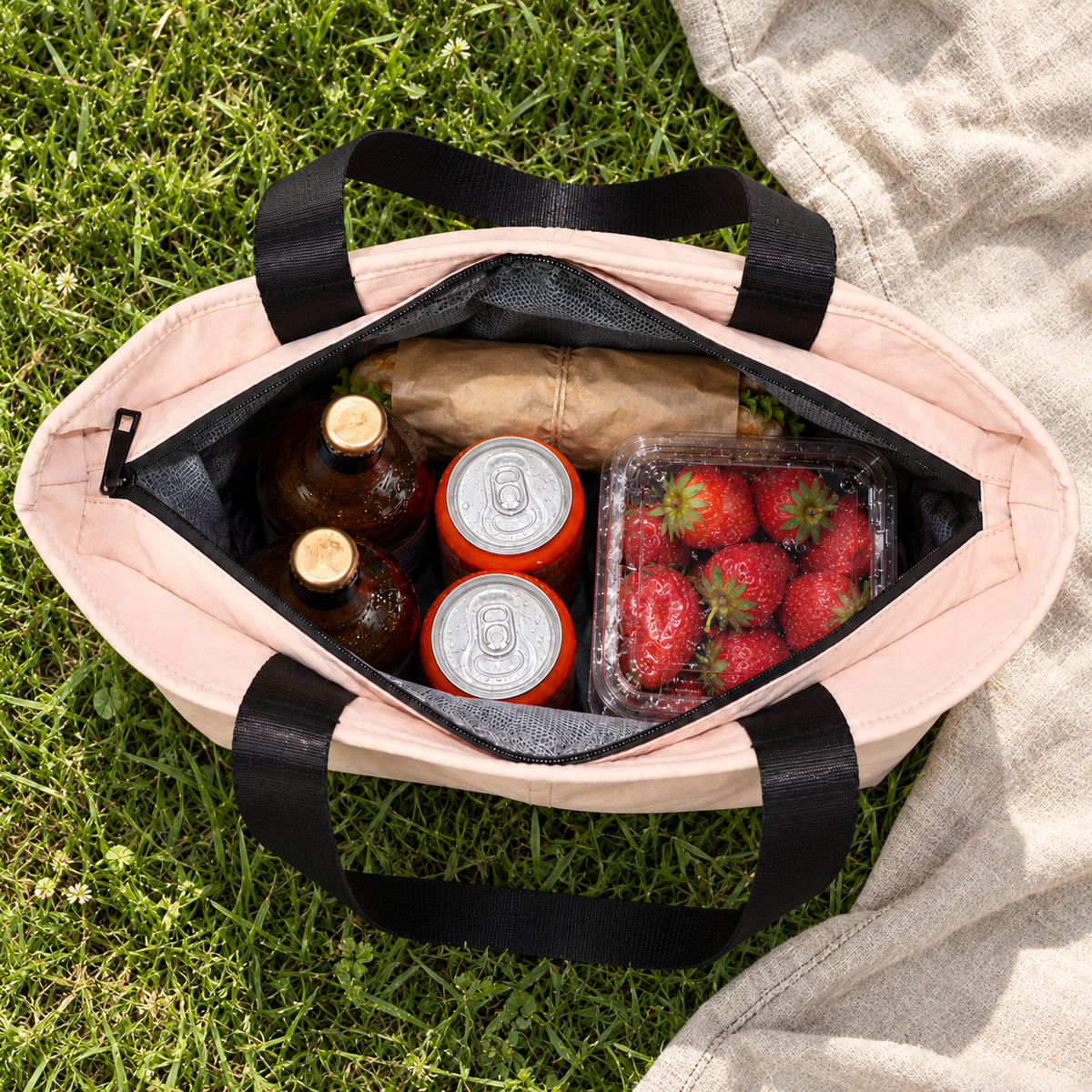 Top-down view of the open blush pink tote packed with drinks, strawberries and a sandwich.
