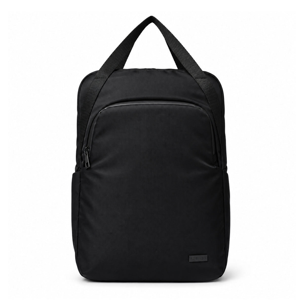 Front view of the black tote backpack with long carry handles and a curved front zip pocket.