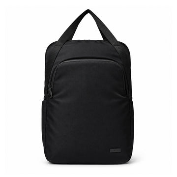Front view of the black tote backpack with long carry handles and a curved front zip pocket.