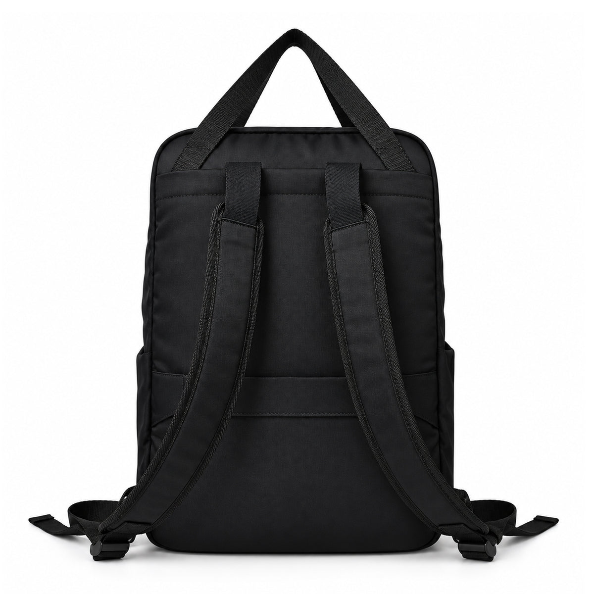 Rear view of the black tote backpack showing its shoulder straps and back panel.