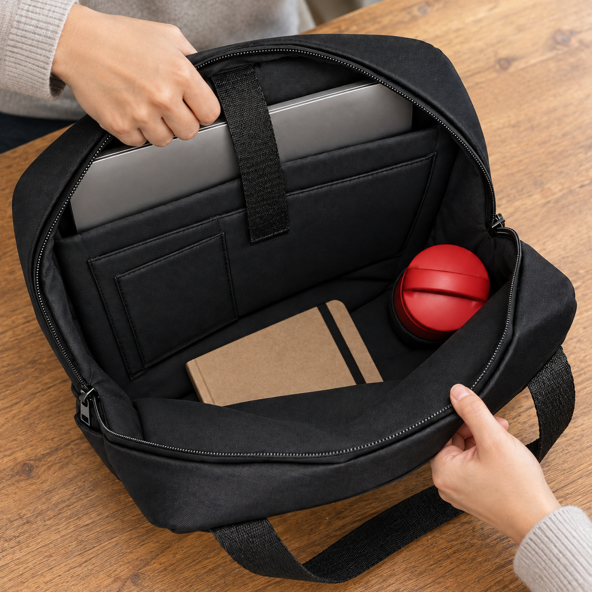 Open black tote backpack with a laptop placed in its existing sleeve, a notebook and a red bottle.