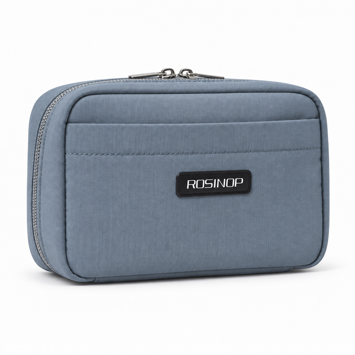 Blue-gray ROSINOP tech organizer pouch with front slip pocket and double zip closure.