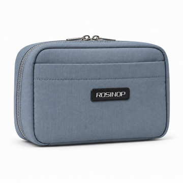 Blue-gray ROSINOP tech organizer pouch with front slip pocket and double zip closure.