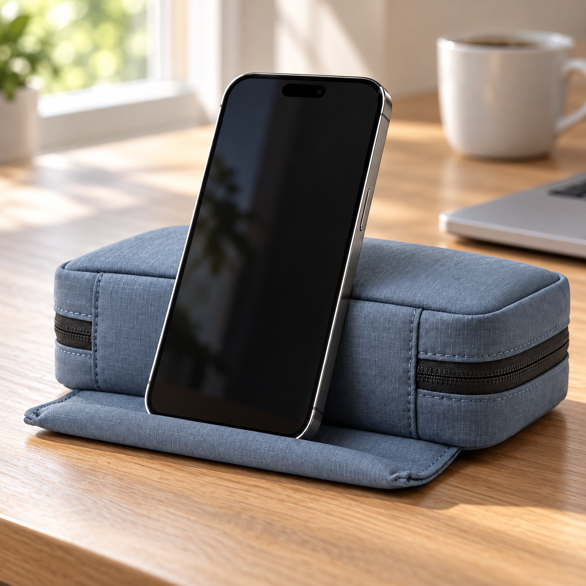 Blue-gray tech organizer supporting a phone on its fold-out flap on a wooden desk.