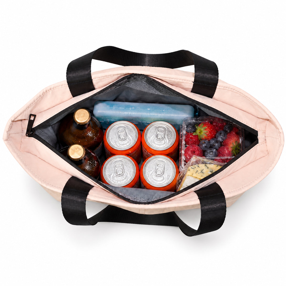 ROSINOP blush pink zip-top picnic tote with its main compartment open and packed for a picnic