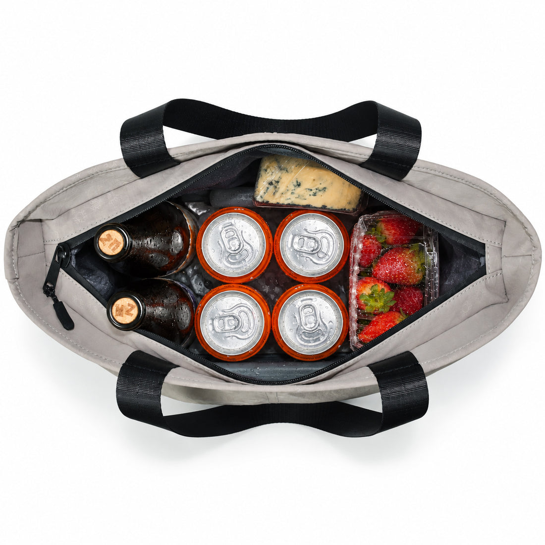 Front view of the gray picnic tote with subtle print.