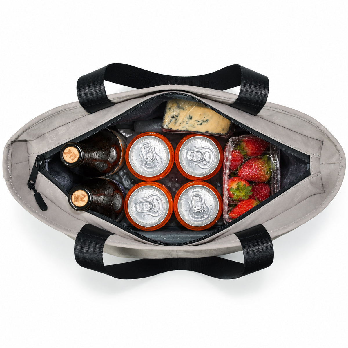 ROSINOP gray zip-top picnic tote with its main compartment open and packed for a picnic